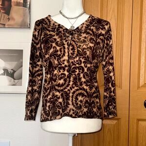 Talbots Blouse Top Women’s Medium Brown Tan Paisley Silk Long Sleeve Tie Neck